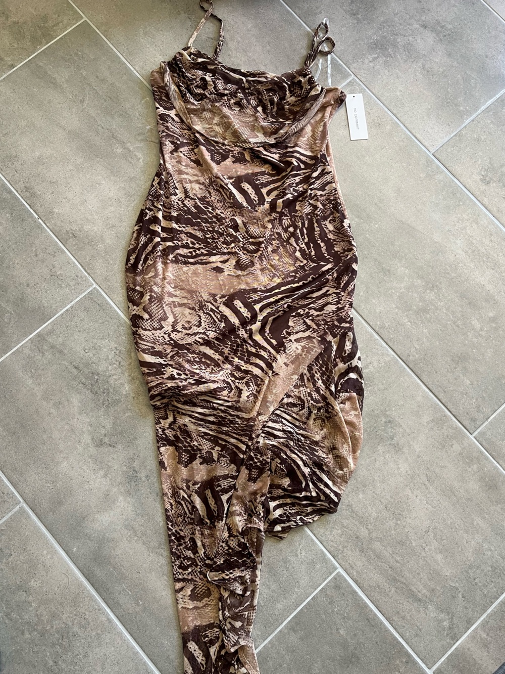 Brand New Women’s Brown Animal Print Asymmetrical Maxi Dress